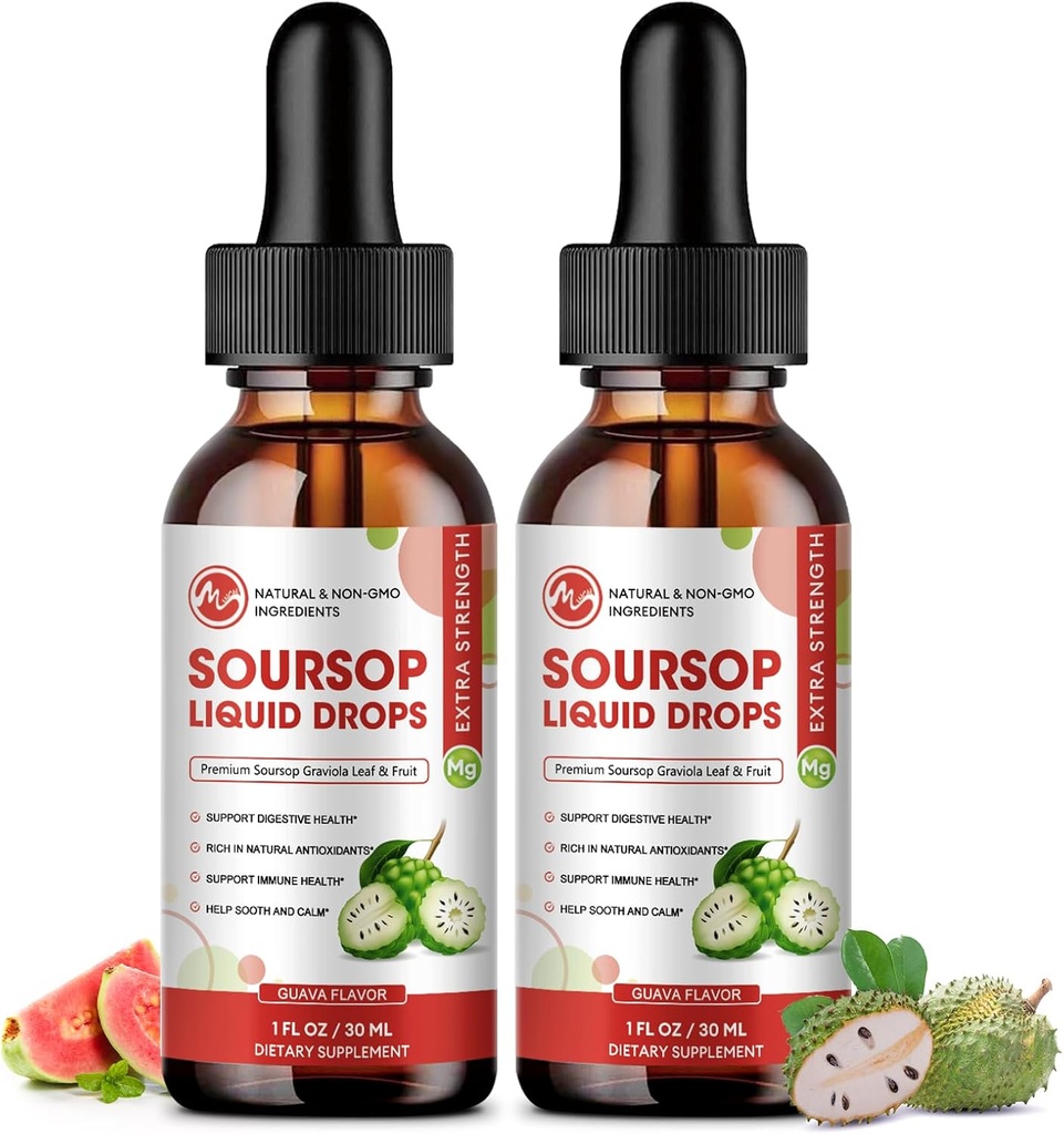 Soursop Bitters Liquid, Sugar Free Graviola Liquid Drops Extract from Organic Soursop Leaves and Fruits for Cell Support, Regeneration, Antioxidant, Immune Boost, Guava Flavor, 2 Fl Oz