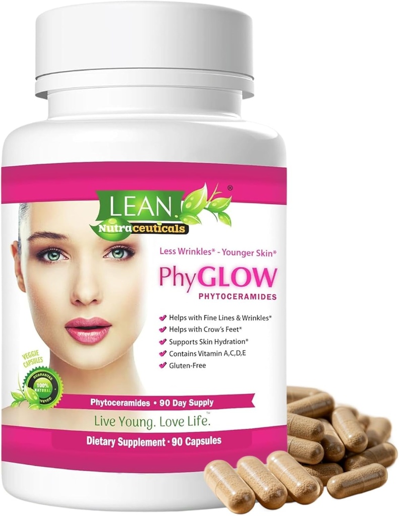 Lean Nutra PhyGlow - Skin Hydration Supplement – Ceramide Complex with Vitamins A, C, D & E - Supports Skin Moisture, Firmness & Elasticity, For Women & Men - Vegan, Gluten-Free, Made in USA - 90 Caps