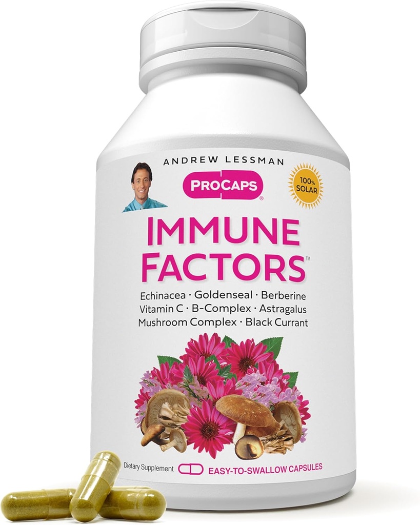 ANDREW LESSMAN Immune Factors 180 Capsules – Echinacea, Goldenseal, Vitamin C, Astragalus, Berberine, Mushroom Blend, Black Currant. Supports and Promotes Immune System and Natural Defenses