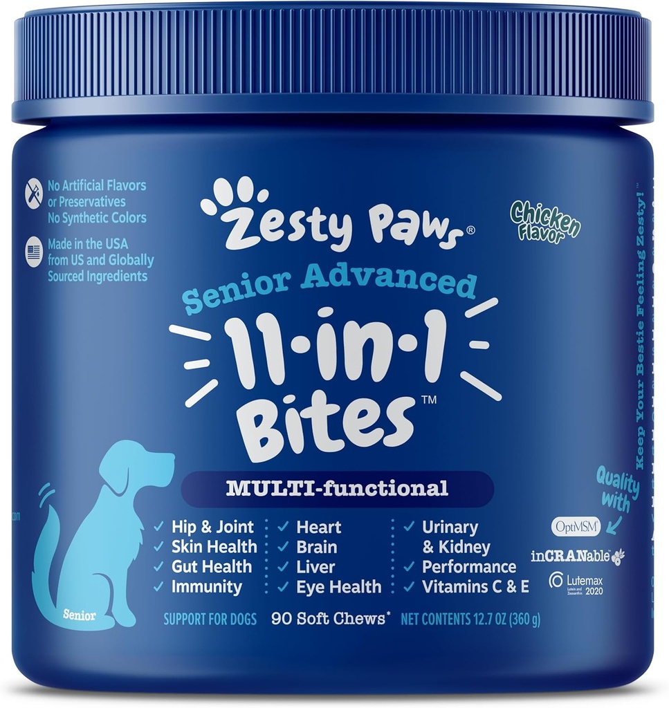 Zesty Paws Senior Dog Multivitamin Treats - Glucosamine for Dogs + Digestive Enzymes & Probiotics - Grain Free Dog Vitamins and Supplements for Skin & Coat + Immune Health Chicken - Advanced - 90ct