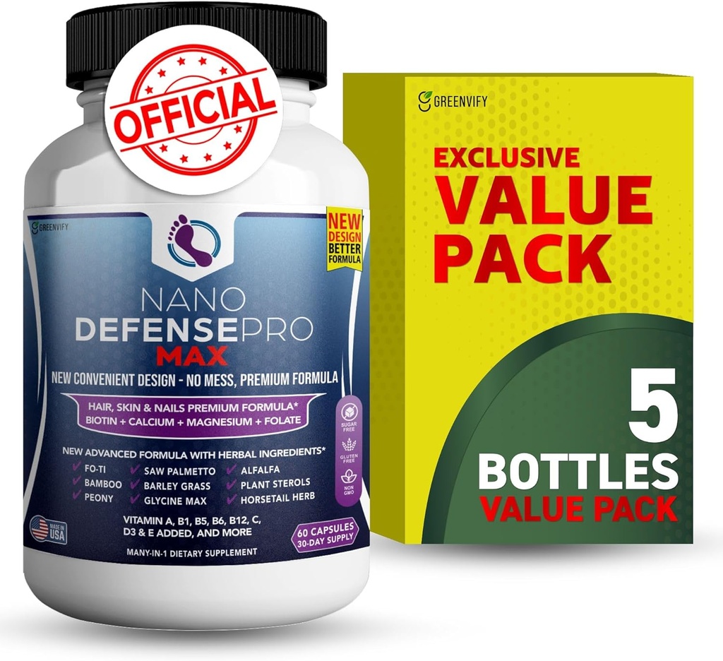 Nano Defense Pro Max Hair Skin and Nails Supplement, Biotin Calcium Magnesium Complex, 60 Capsules, 30-Day Supply (5)