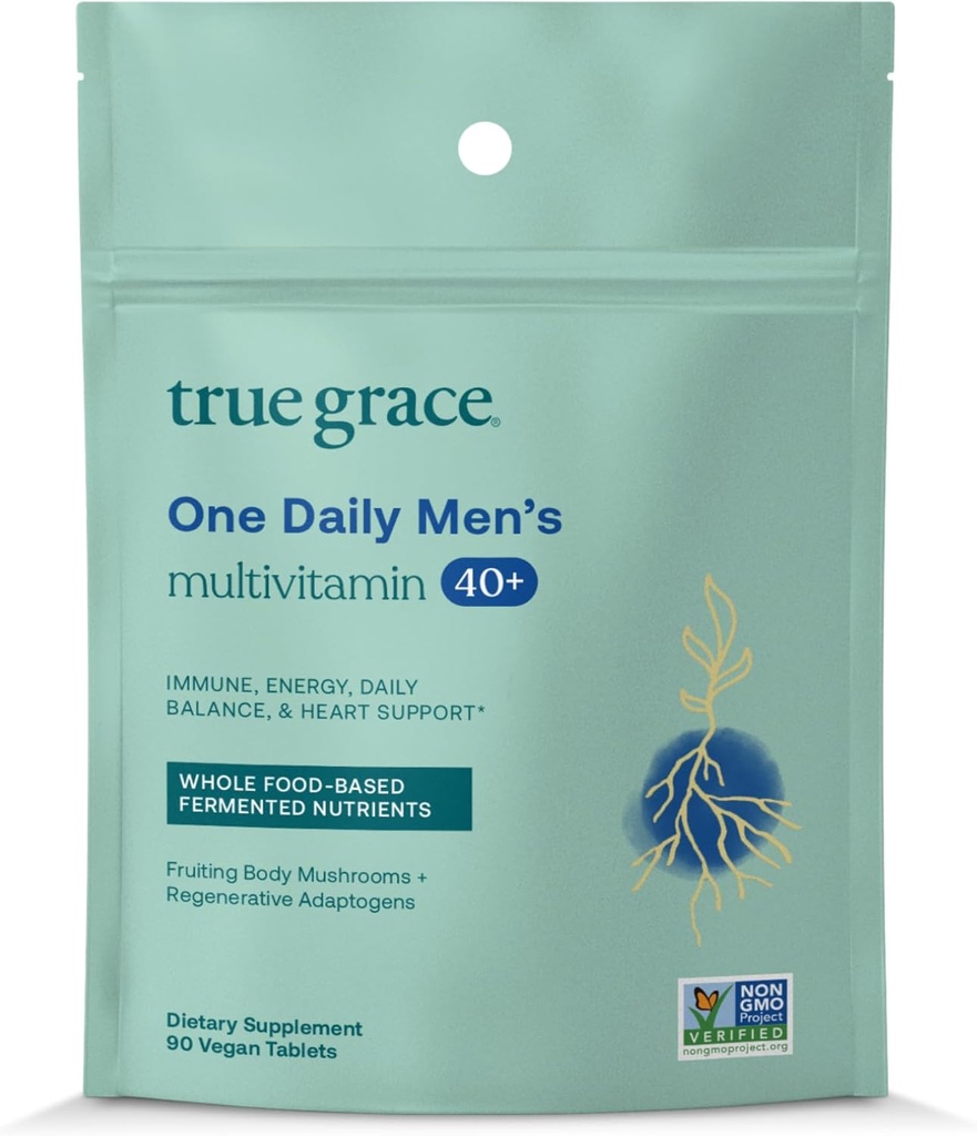 True Grace Men's 40+ One Daily Multivitamin Fermented Minerals, Organic Adaptogens & Mushrooms Whole Body Balance Immune, Endurance, Bone & Heart Support Supplement - Non-GMO - 90 Vegetarian Tablets