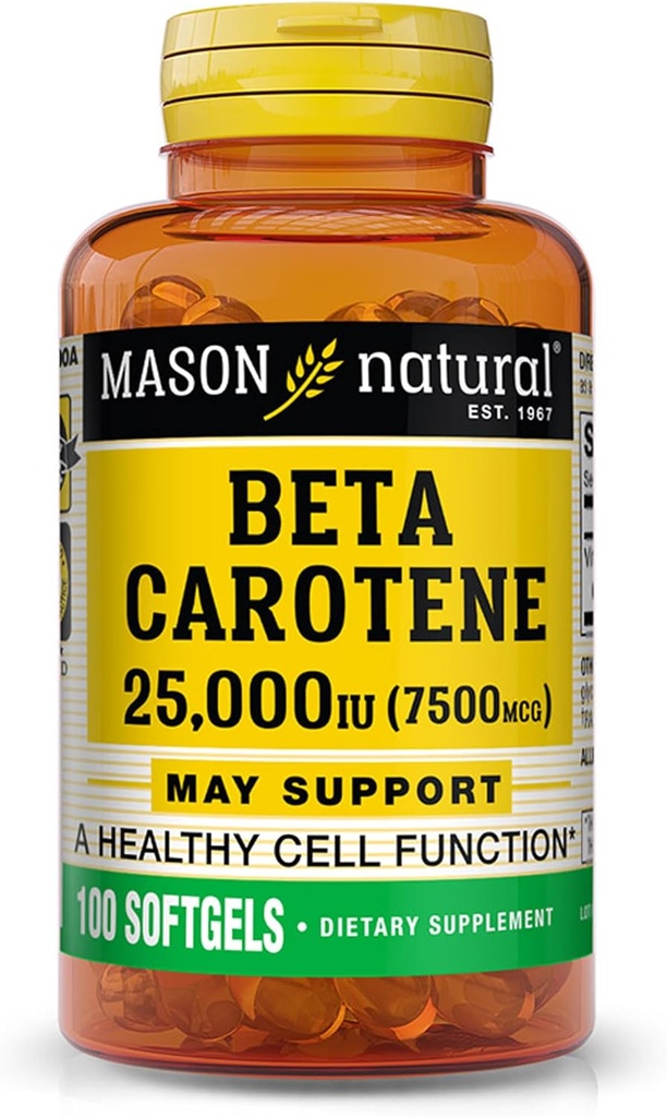 MASON NATURAL Vitamin A Beta Carotene 25,000 IU - Supports Healthy Vision, Cell Function & Immune Function, 100 Softgels