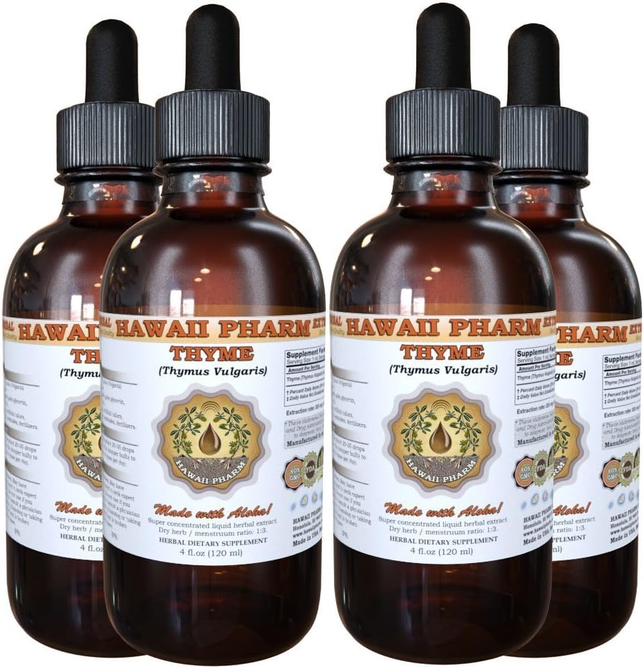 Thyme Liquid Extract, Organic Thyme (Thymus Vulgaris) Tincture, Herbal Supplement, Hawaii Pharm, Made in USA, 4x4 fl.oz