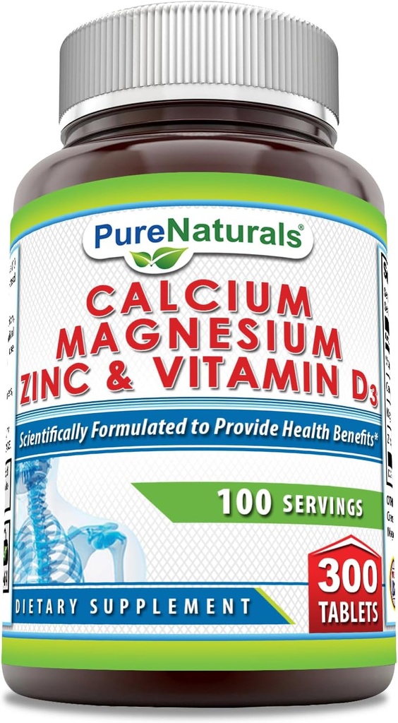 Pure Naturals Calcium Magnesium Zinc Vitamin D3 Supplement | Calcium 1000mg, Magnesium 400mg, Zinc 25mg, Vitamin D3 600 IU | Non-GMO | Gluten Free (300 Tablets)