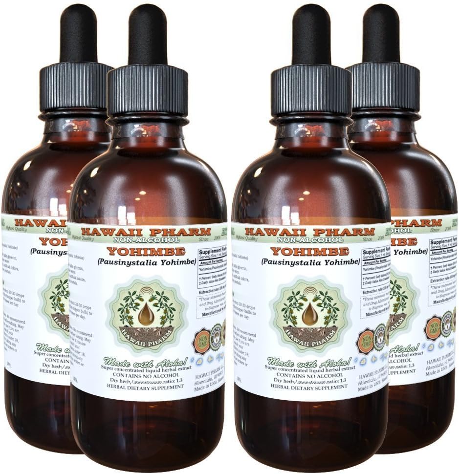 Hawaii Pharm Yohimbe Alcohol-Free Liquid Extract, Yohimbe Liquid (Pausinystalia Yohimbe) Dried Bark Glycerite Natural Herbal Supplement, USA 4x4 fl.oz