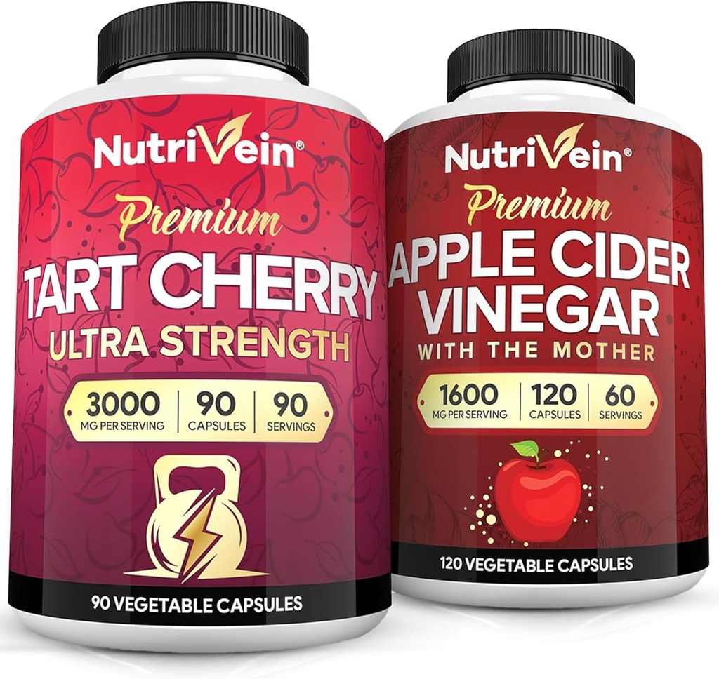 Nutrivein Premium Tart Cherry 500mg & Apple Cider Vinegar 1600mg Bundle - Muscle Recovery & Uric Acid Cleanse Plus Digestion Support & Weight Management - Non-GMO, Vegan/Vegetarian - 90 + 120 Pills