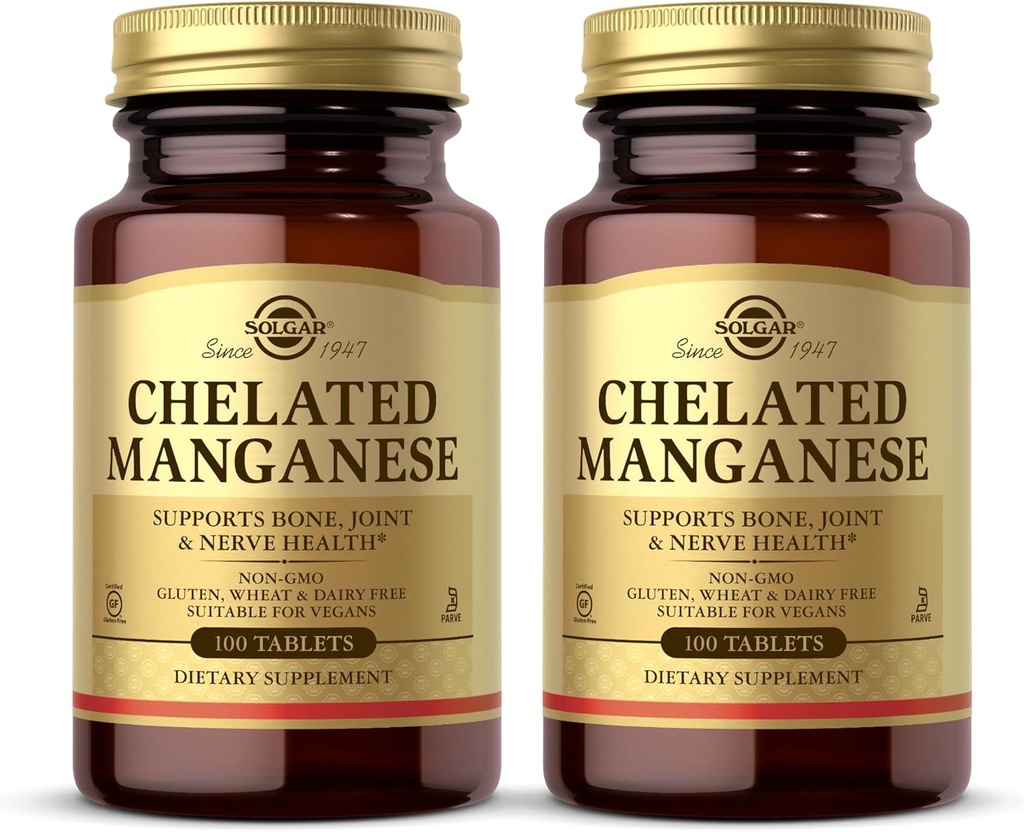 Solgar Chelated Manganese - 100 Tablets, Pack of 2 - Supports Bone, Joint & Nerve Health - Non-GMO, Vegan, Gluten Free, Dairy Free, Kosher - 200 Total Servings
