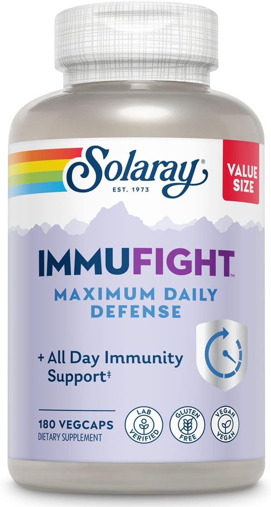 SOLARAY Immufight Maximum Daily Defense, All Day Immune Support, Vitamin C, Vitamin D, Zinc, Probiotics, Monolaurin, Acerola & More, Vegan & Gluten Free, 60 Day Guarantee (180 CT, 60 Serv)