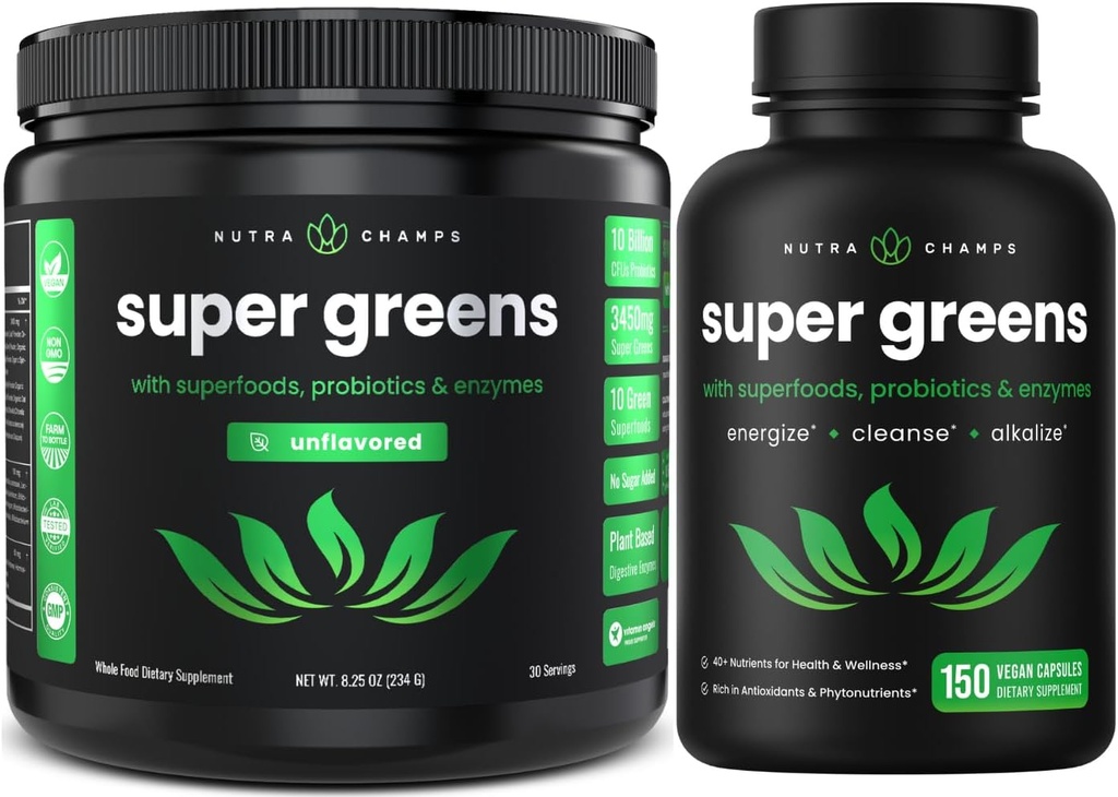 NutraChamps Super Greens Unflavored Powder & Super Greens Capsules