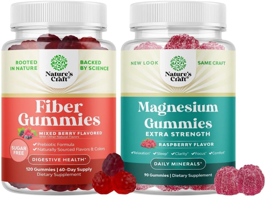 Bundle of Fiber Gummies - Chicory Root Supplement with Prebiotic Support for Gut & Digestive Health and Magnesium Gummies - Relaxing Magnesium Citrate - Raspberry Flavored for Body & Mind Relaxation