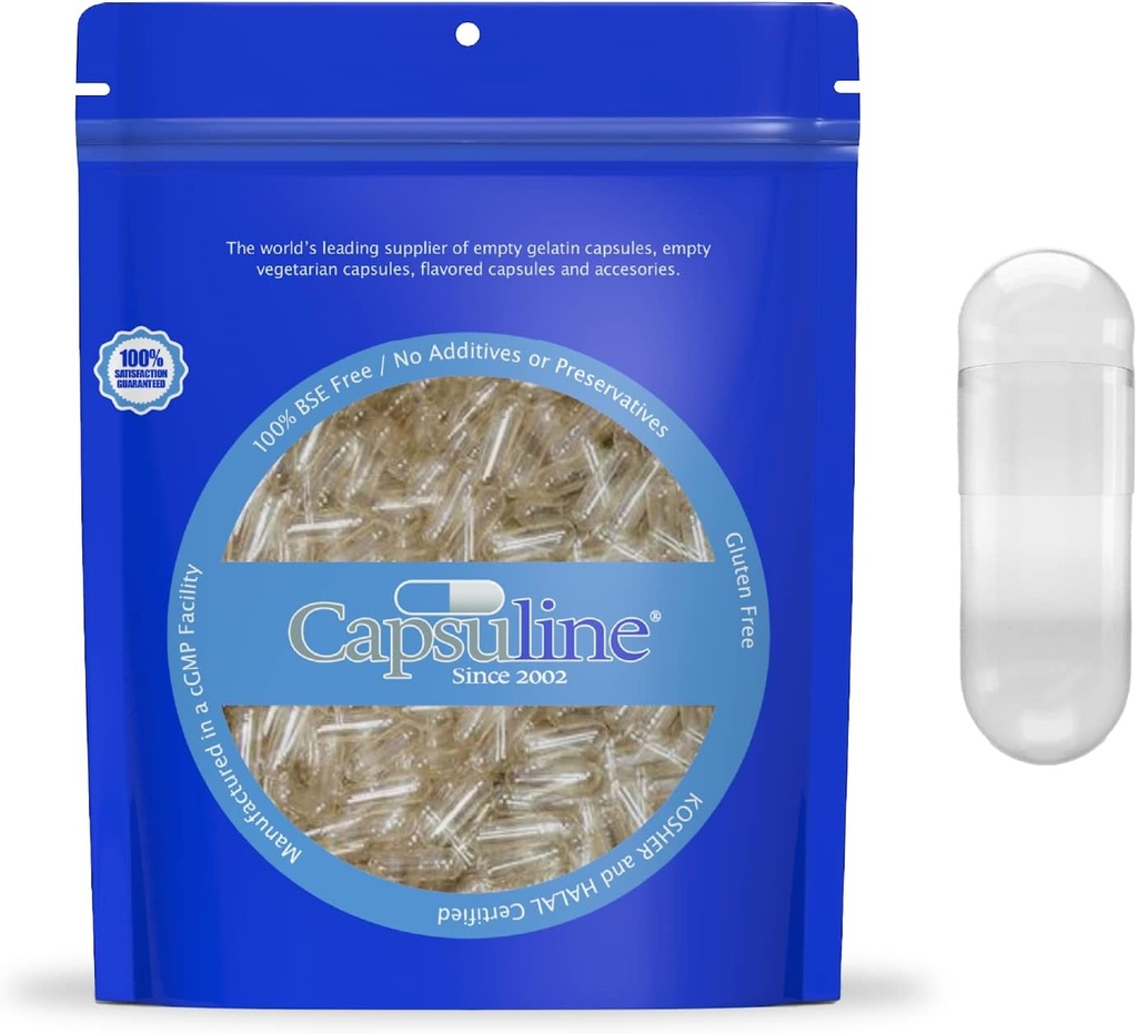 Capsuline Size 00 Empty Vegan Capsules, Clear - 1000 Count| Vegetarian, Kosher, Non-GMO & Halal Certified |DIY Vegetable Capsule Filling