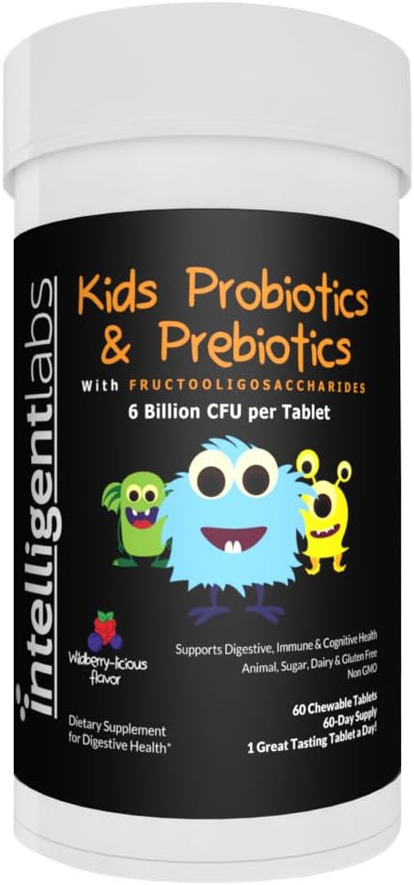 Intelligent Labs 6 Billion CFU Kids/Children's Probiotics with Prebiotics, Sunfiber and FOS, for 10x More Effectiveness, One A Day Great Taste Chewable Probiotic, 60-Day Supply, Third-Party Verified