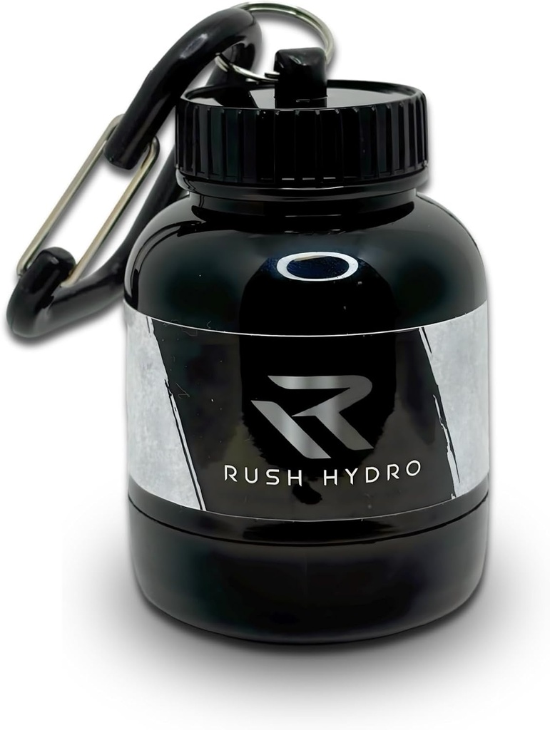 RUSH HYDRO Supplement Protein Powder Funnel Keychain, Travel Protein Powder Container with Dual Screw Cap, 100 mL Container for Hydration Powder & Supplements, Black