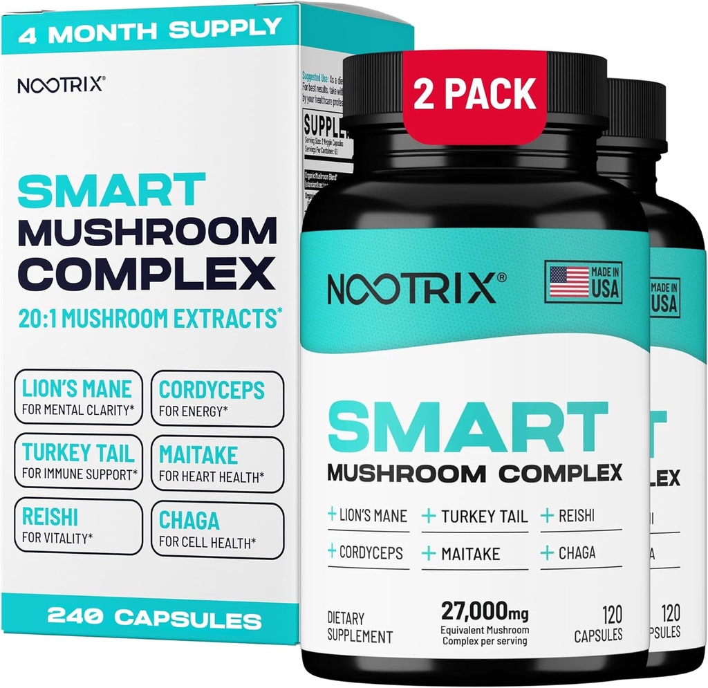 Nootrix Smart Mushrooms Complex Supplement | Supports Memory, Mental Focus, Cognitive Health & Energy | 27,000mg Organic Mushrooms | Lions Mane, Reishi, Cordyceps, Chaga & Turkey Tail | 240 Capsules
