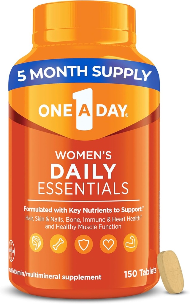 One A Day Multivitamin for Women Daily Essentials, Vitamins for Women to Support Hair, Skin & Nails, Immune Health, Woman Multivitamin with Zinc, Folic Acid & B Vitamins, 150 Count
