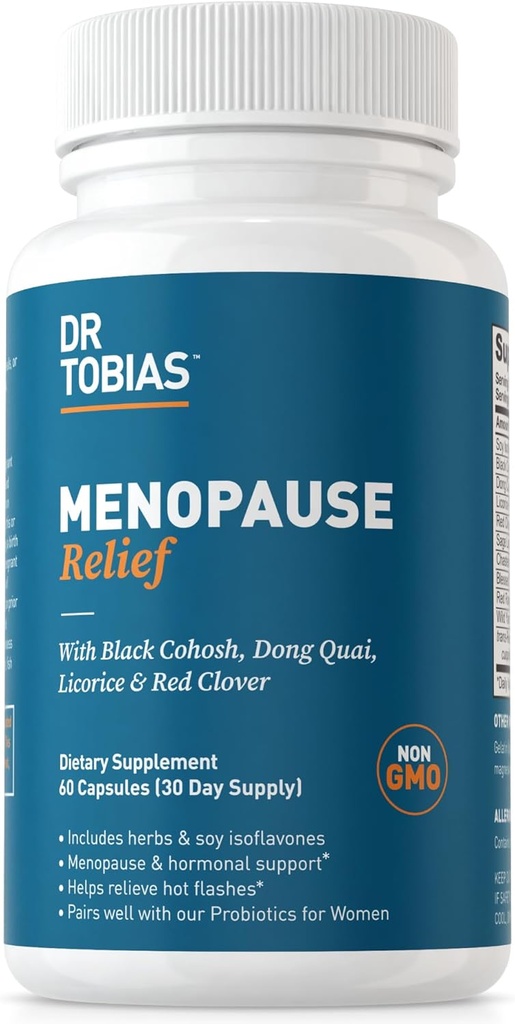 Dr. Tobias Menopause Relief with Black Cohosh, Soy Isoflavones, Don Quai, Hot Flash & Night Sweats Relief for Women, Non-GMO Menopause Supplements for Women, 60 Capsules, 30 Servings