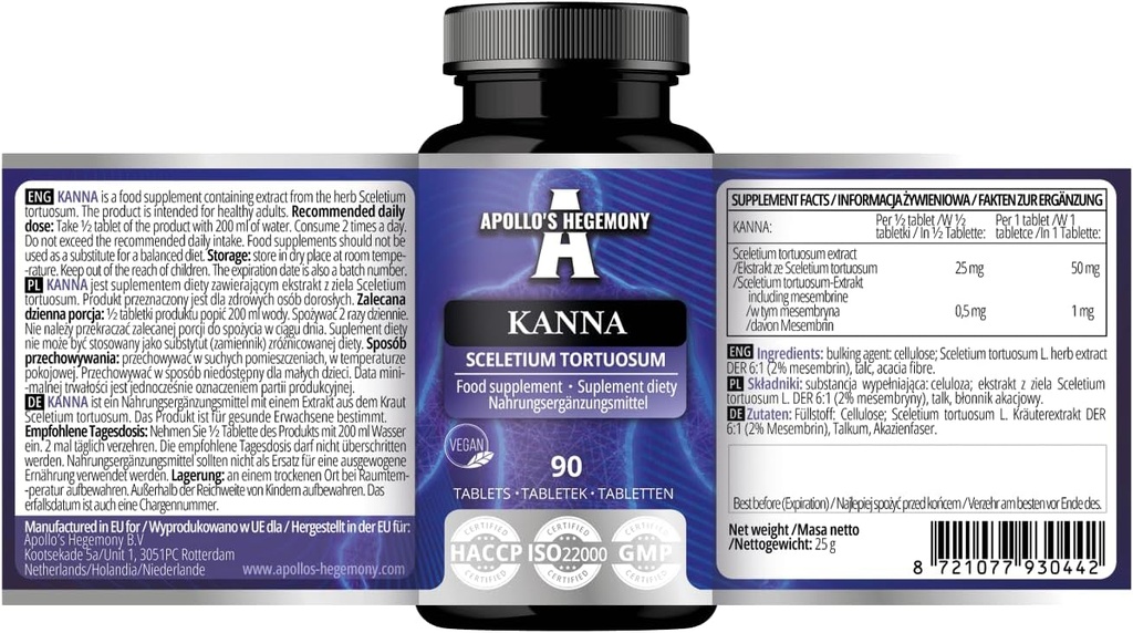 APOLLO'S HEGEMONY Kanna 50mg, Extract 10:1 Standardized to 2% of Mesembrine, 90 Vegan Tablets, 3 Months Supply, Natural Adaptoten, Supports Mental Well-Being