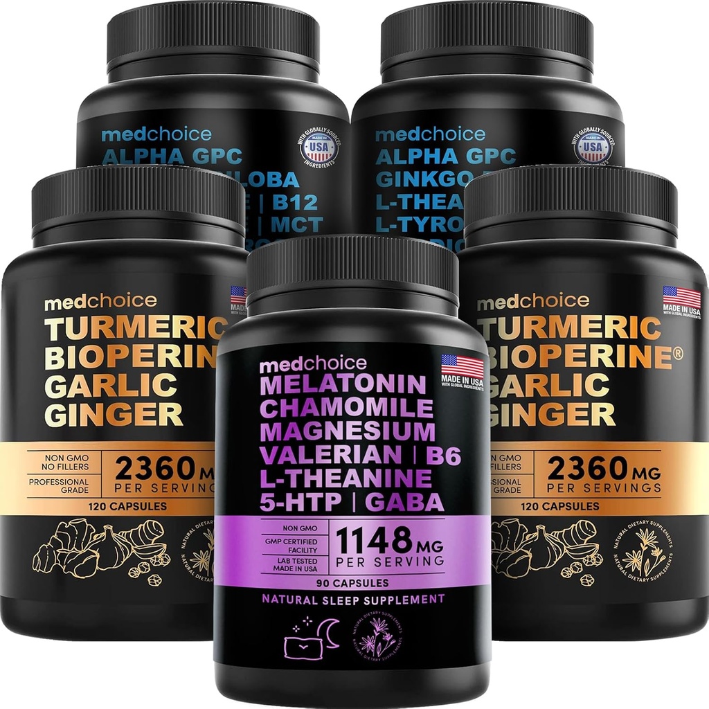 MEDCHOICE Sleep Melatonin (90ct), Turmeric & Ginger (240ct), and Nootropic Brain (120ct) Supplement Bundle - Wellness Trio for Brain, Sleep, & Immune Support - Vegan, Non-GMO, Gluten-Free