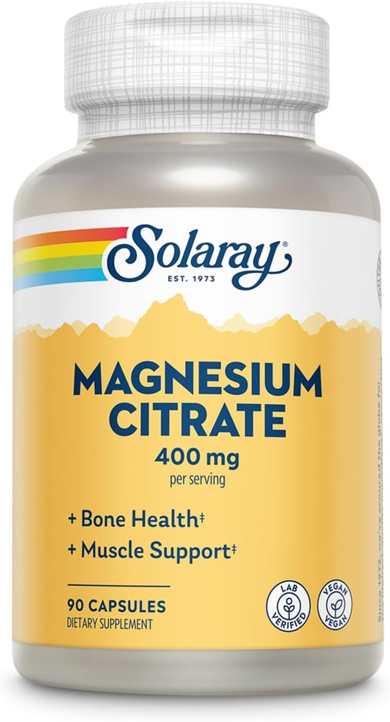 SOLARAY Magnesium Citrate 400mg - Magnesium Supplement - Bone Health, Muscle, Relaxation and Heart Health Support - Enhanced Absorption, Vegan, Gluten Free, 60-Day Guarantee, 30 Servings, 90 VegCaps