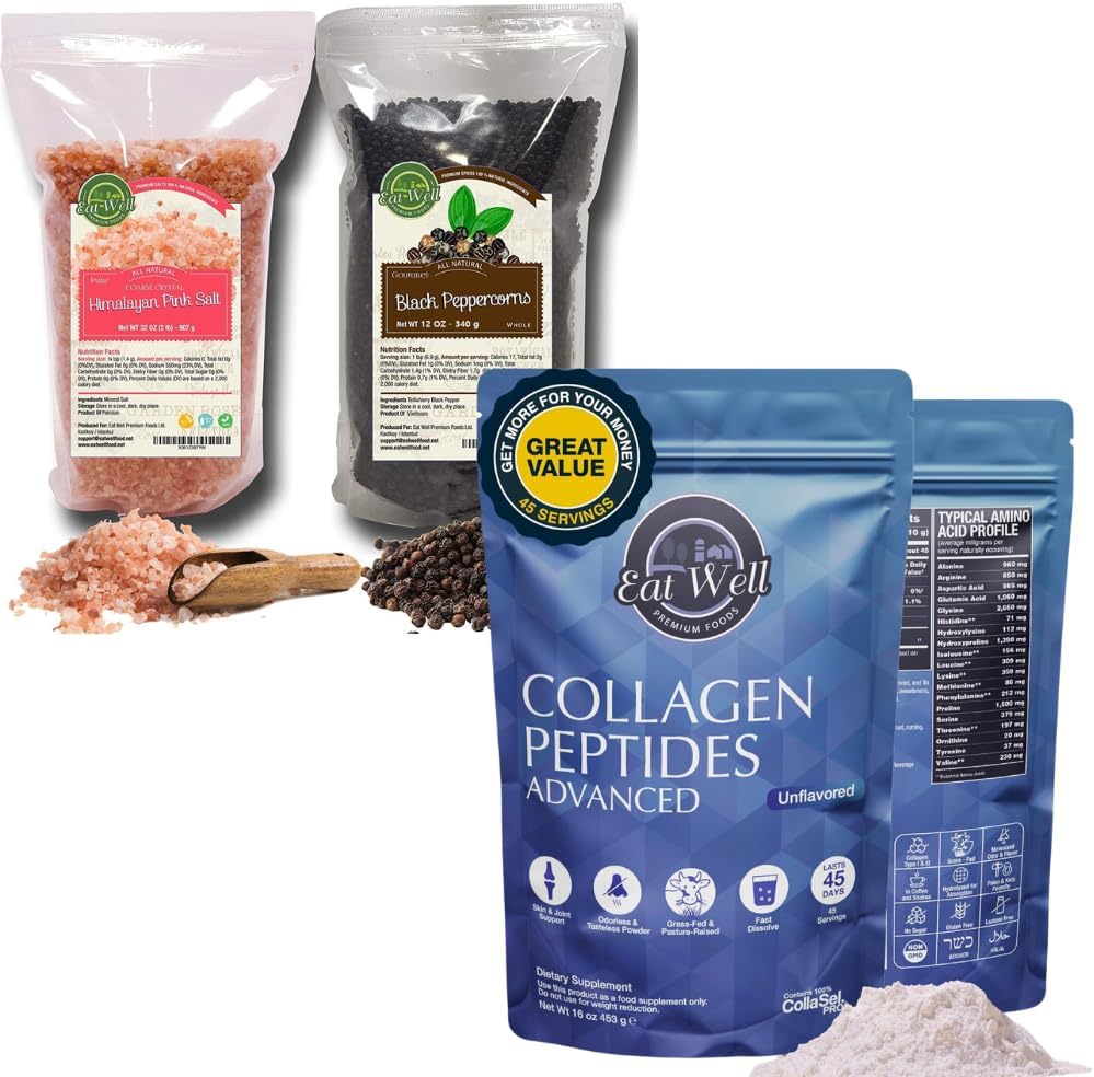 EAT WELL PREMIUM FOODS Collagen Peptides Powder & Black Peppercorns and Himalayan Pink Salt