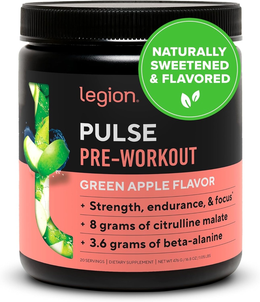 LEGION Pulse Pre Workout - All Natural Nitric Oxide Preworkout Drink to Boost Energy, Creatine Free, Naturally Sweetened, Beta Alanine, Citrulline, Alpha GPC (Green Apple)