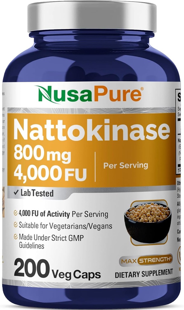 NusaPure Nattokinase 4000 FU 800mg, 200 Veggie Capsules (Vegan, Non-GMO)