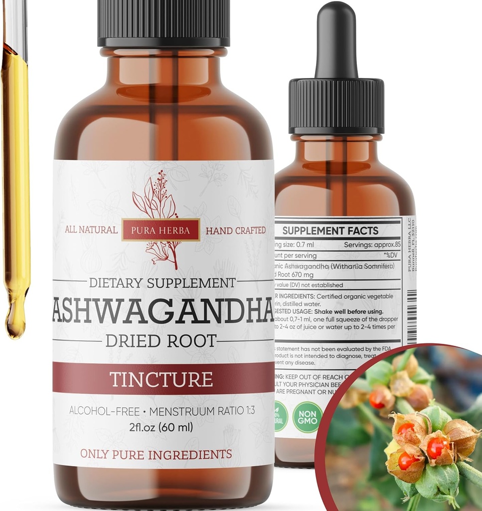 Organic Ashwagandha Liquid Drops, Ashwagandha Root Tincture, Ashwagandha Extract Herb Supplements - 2 Fl Oz
