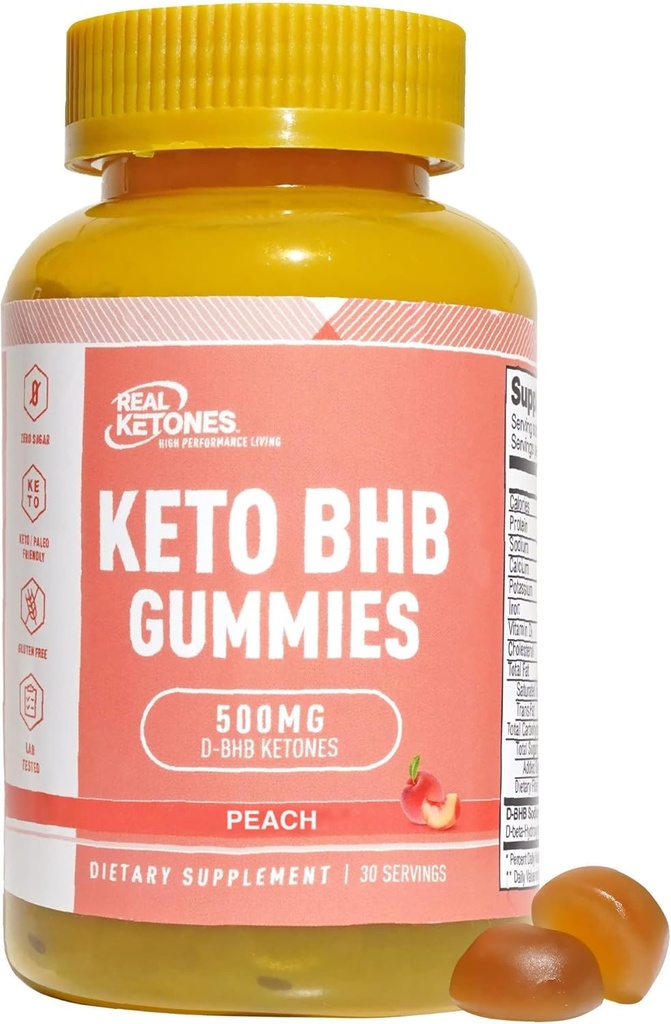 Real Ketones Keto BHB Gummies - Keto Gummies with BHB Exogenous Ketones for Enhanced Performance Energy Focus and Keto Diet Support - High Strength Sugar Free Keto Gummy - 30 Servings (Peach)