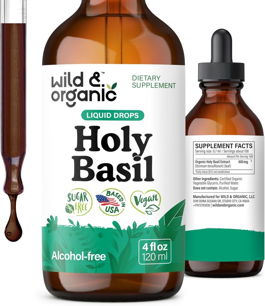 Wild & Organic Holy Basil Tincture - Relaxation & Calmness Support - Liquid Holy Basil Leaf Supplement - Tulsi Drops - Vegan, Sugar & Alcohol-Free Extract - 4 fl oz