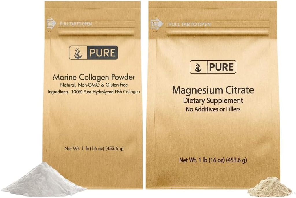 PURE ORIGINAL INGREDIENTS Marine Collagen & Magnesium Citrate Bundle (1lb), Dietary Supplements, Fine Powders