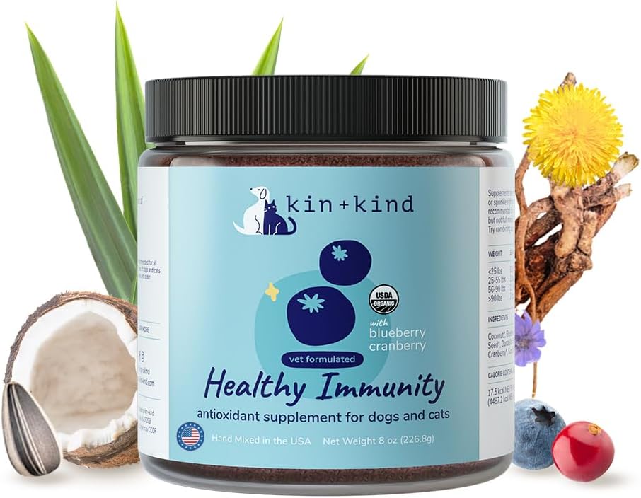 kin+kind Pet Vitamins and Supplements - Immune Support Supplement for Dogs & Cats - Natural Dog Supplements & Cat Supplements w/Organic Ingredients for Healthy Immunity - Made in USA - 8 oz (Large)