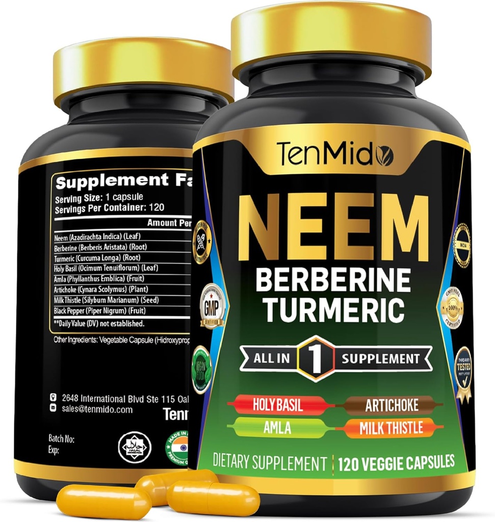 Neem Leaf Supplement - 8in1 Formula - Combine with Berberine, Turmeric, Holy Basil, Amla, Artichoke, Milk Thistle, and Black Pepper - Immune Support - 120 Capsules for 4 Months Supply