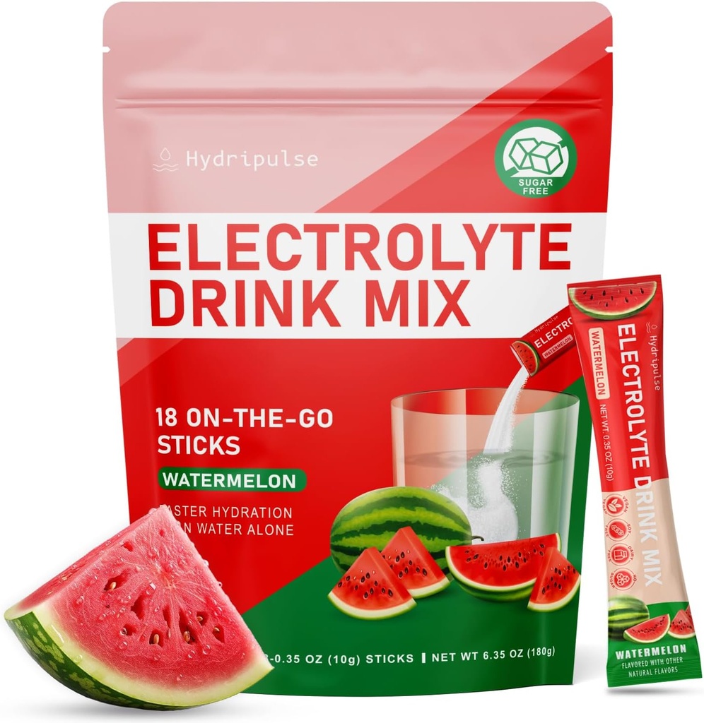 Electrolytes Powder Packets - Sugar Free, Naturally Flavored, 10 Electrolyte & Vitamins Electrolyte Drink Mix - Watermelon Flavors, Keto Friendly, Vegan, Non- GMO, 18 Packets