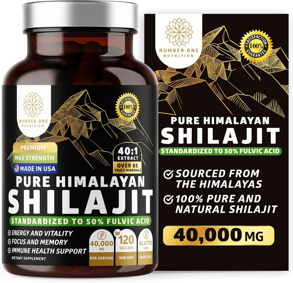 Pure Himalayan Shilajit Supplement for Men and Women, [40,000MG, Max Strength] Contains 50% Fulvic Acid with Over 85 Trace Minerals to Support Energy, Brain and Immunity, 120 Veg Caps