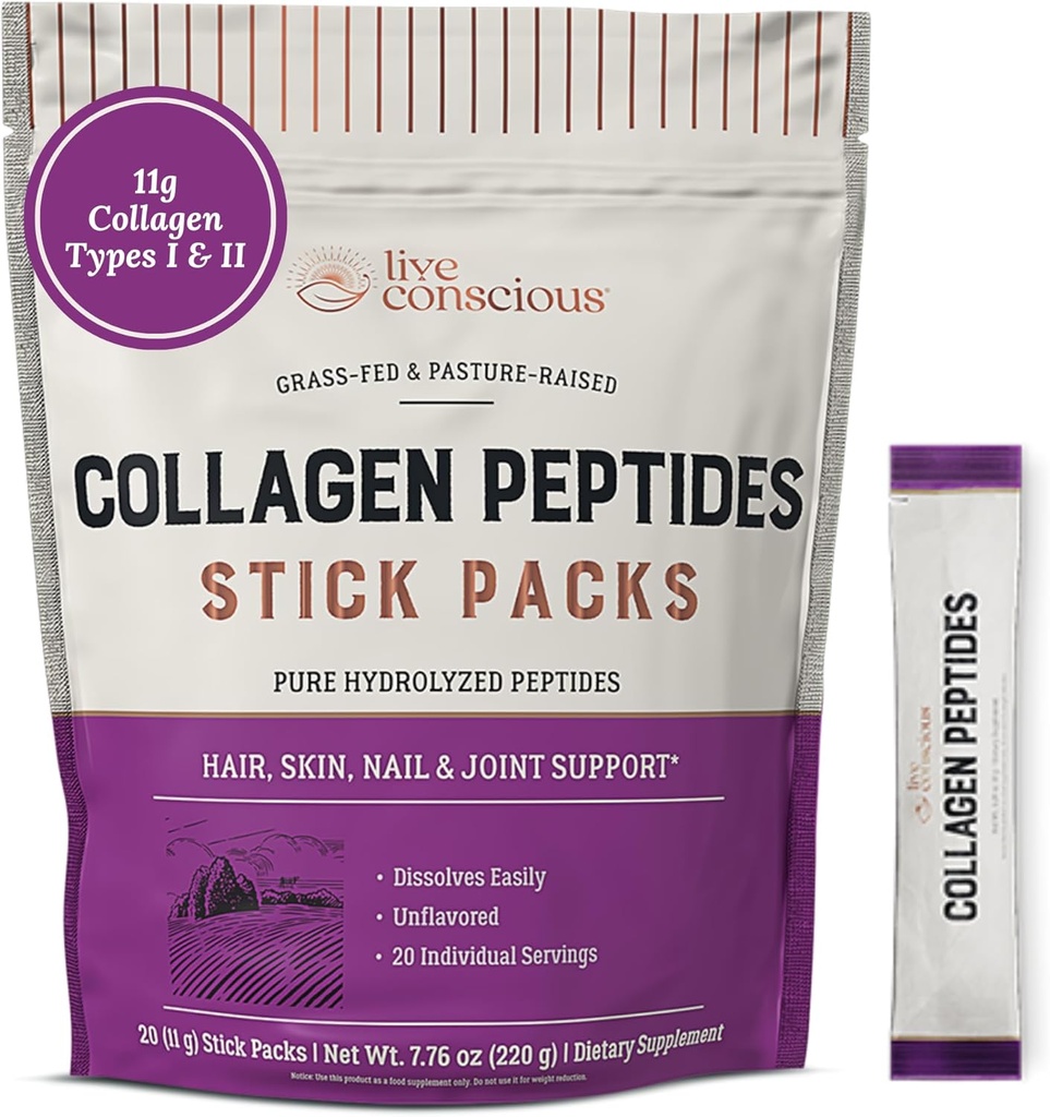 Live Conscious Collagen Peptides Powder Unflavored Packets - Hydrolyzed Collagen Powder - Hair, Skin, Nail, & Joint Support - Type I & III Grass-Fed Collagen Supplements for Women and Men - Pack of 20