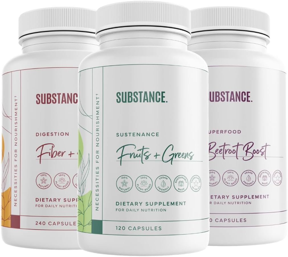 SUBSTANCE. 3-Pack Overall Wellness Bundle: Nature's Sustenance Daily Fruits & Veggies (120 Caps) + Fiber & Spices (240 Caps) + Beetroot Boost (180 Caps) - US Made, Vegan-Friendly