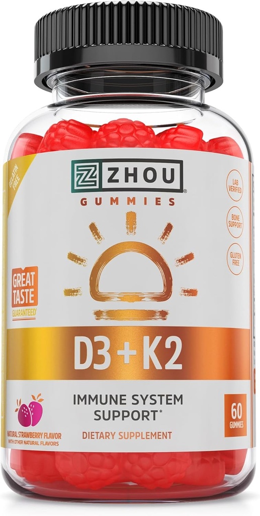 Zhou D3+K2 - Vitamin D3 K2 Supplement for Women & Men, Immune Support Vit D3 and K2 Gummy, Gelatin Free Formula with 5000 IU of D3 and MK-7 - 60 Veggie Gummies (Pack of 1)