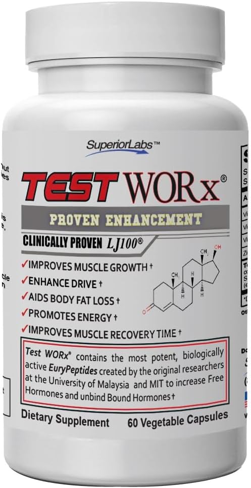 Superior Labs Test Worx Natural Testosterone Booster Supplement with Clinically Proven LJ100 and 8 Other Powerful Ingredients - Noticeable Increase in Energy, Stamina, Recovery, Sleep and Mood
