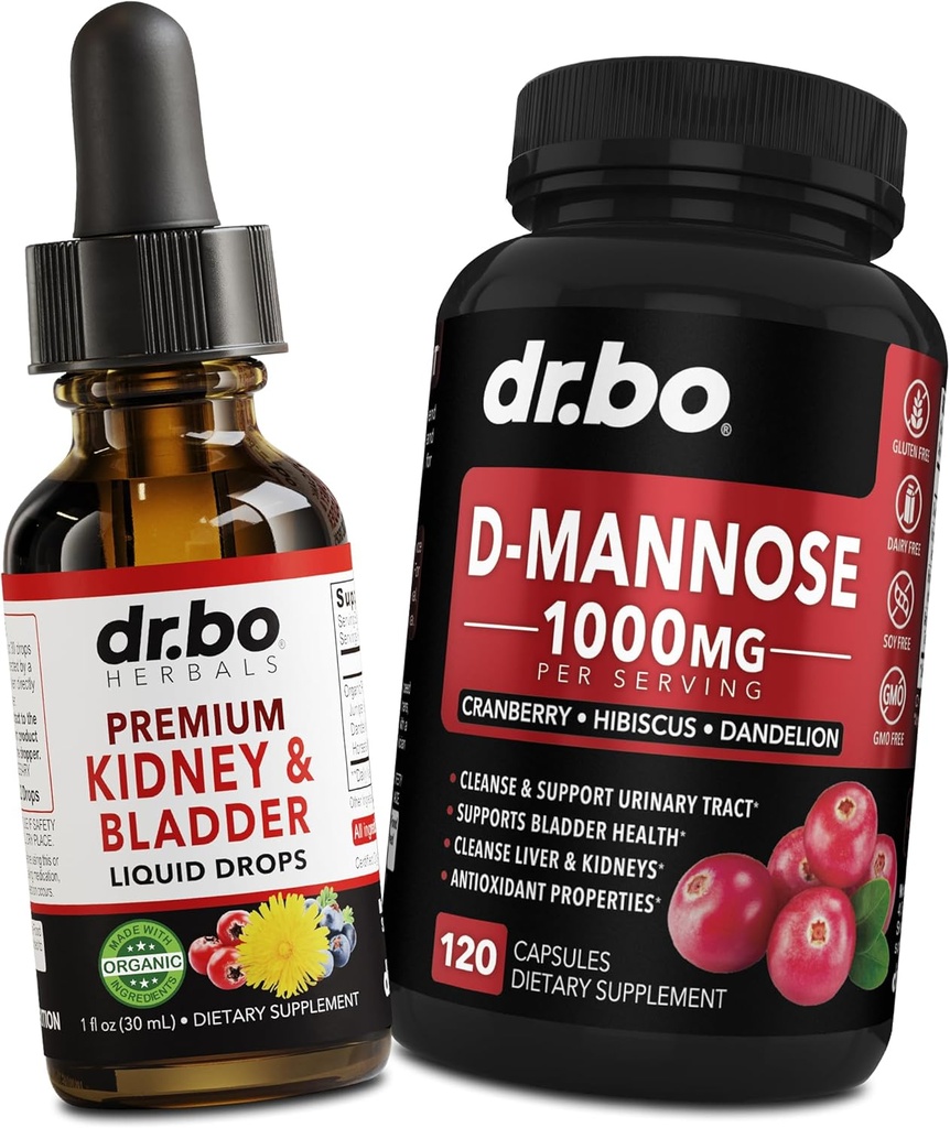 Kidney Support Supplement & D Mannose - Organic Kidney Bladder Supplements Drops & Natural D-Mannose 500mg Capsules - Cranberry Renal Cleanse Detox Flush & Urinary Tract Cleanse Health Supplement