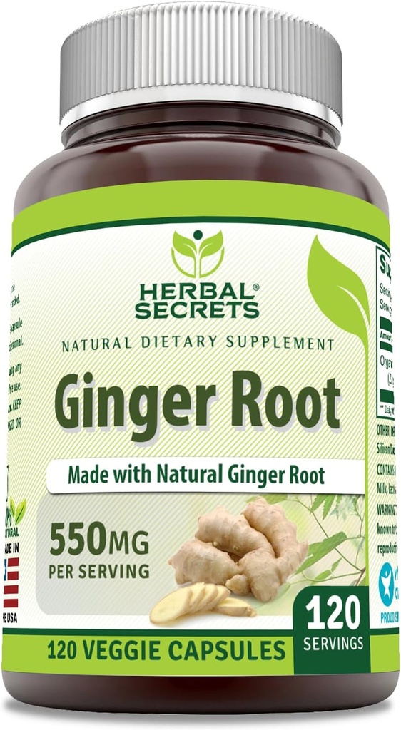Herbal Secrets Ginger Root Supplement | 550 Mg Per Serving | 120 Veggie Capsules | Non-GMO | Gluten Free | Made in USA