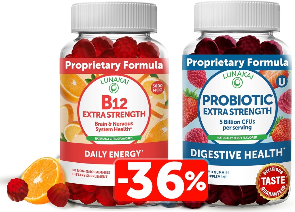 Lunakai Vitamin B12 and Probiotic Gummies Bundle - 3000 mcg Gummy for Adults Energy Support and Bone Health - 5 Billion CFUs Per Serving for Digestive Gut Health with Vitamin C for Women & Men
