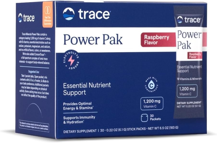 Trace Minerals Power Pak Multivitamin and Multimineral Packets - Electrolyte Support - 1200 mg Vitamin C Plus 70 Raspberry Flavor - 30 Packets