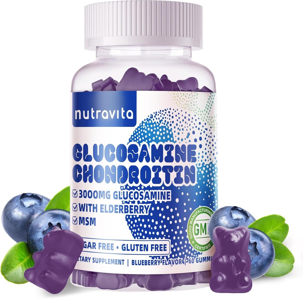 Nutravita Glucosamine Chondroitin Gummies with MSM & Elderberry Extra Strength - Joint Support, Antioxidant Immune Support Supplement for Adults, Men & Women.60 Blueberry Chews