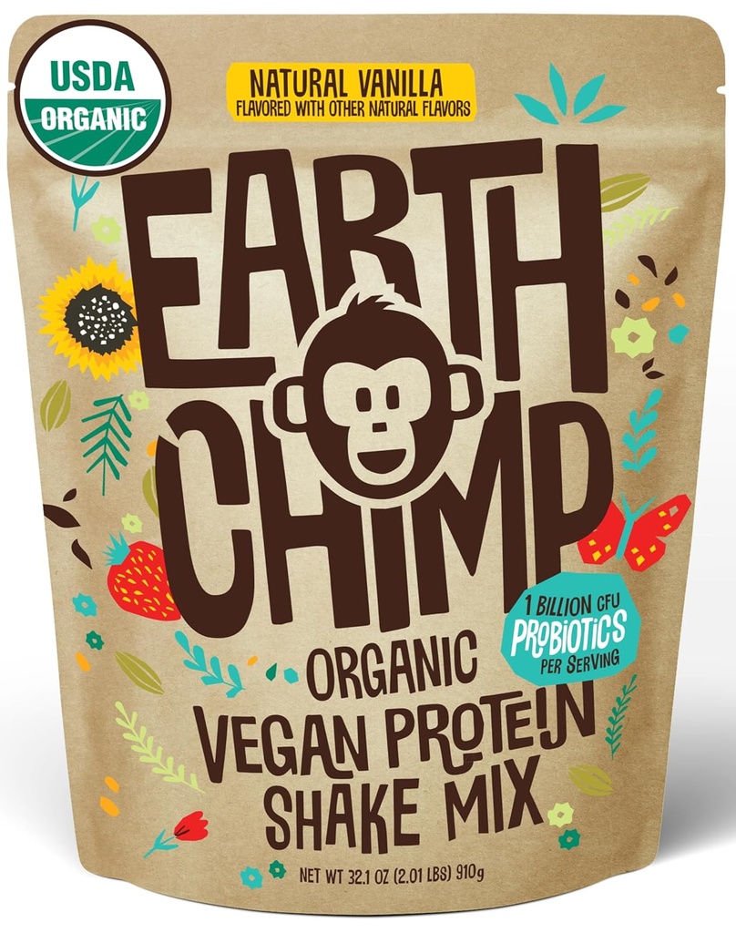 EarthChimp Organic Vegan Protein Powder - with Probiotics - Non GMO, Dairy Free, Non Whey, Plant Based Protein Powder for Women and Men, Gluten Free - 26 Servings 32 Oz (Vanilla)