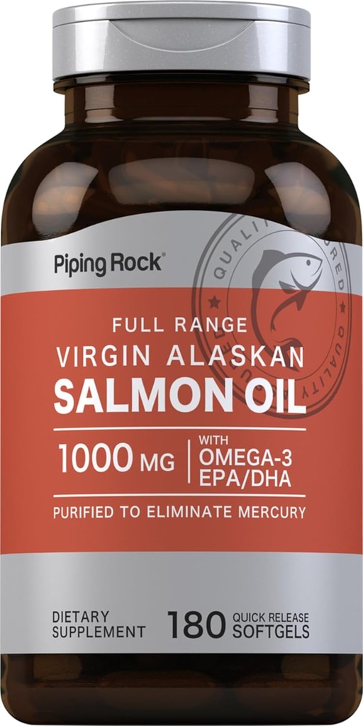 Piping Rock Wild Alaskan Salmon Fish Oil | 1000mg | 180 Softgels | Supplements for Humans | Omega-3, EPA, and DHA | Non-GMO and Gluten Free