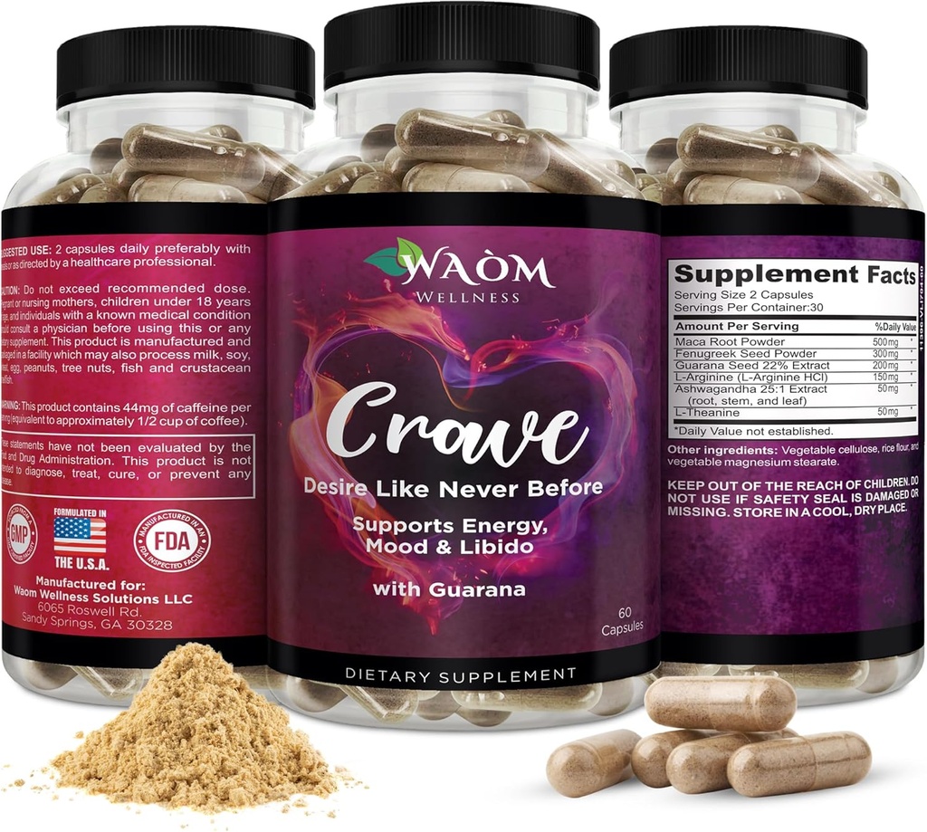 Crave – Women’s Desire Booster with Maca, Ashwagandha & L-Theanine – Natural Energy, Mood & Hormone Balance Support – 60 Vegan Capsules