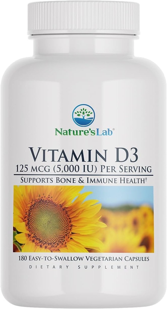 Nature's Lab Vitamin D3 5000 IU 180ct (6 Month Supply) for Immune Support and Healthy Bones Gluten Free, Non GMO