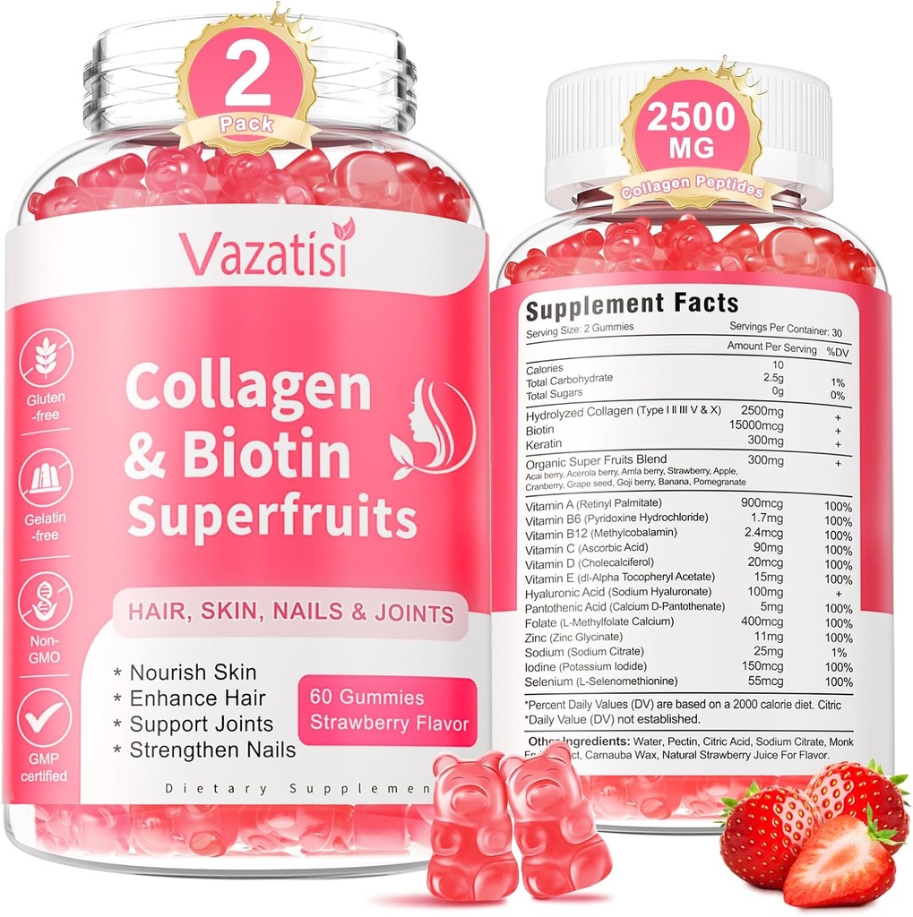 2 Pack Sugar Free Collagen Gummies for Women Men, Multi Collagen Peptides Gummies Type I II III V X with Biotin Vitamin A B C D E for Hair Skin Nails, Strawberry Flavor, 120 Count