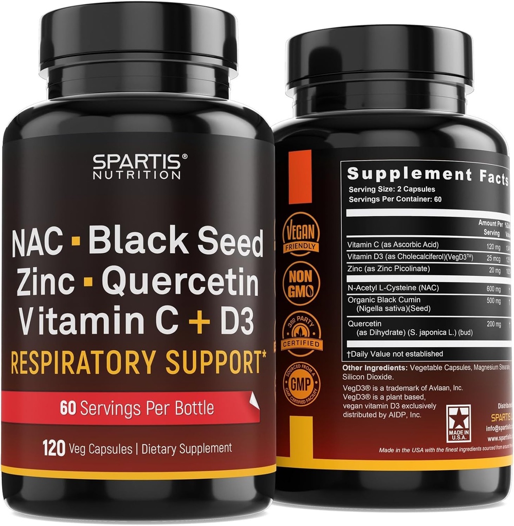 NAC 600mg Black Seed 500mg Zinc Picolinate Quercetin Vitamin C Vitamin D3 Respiratory Support (Pack of 1 Bottle at 120-Caps)